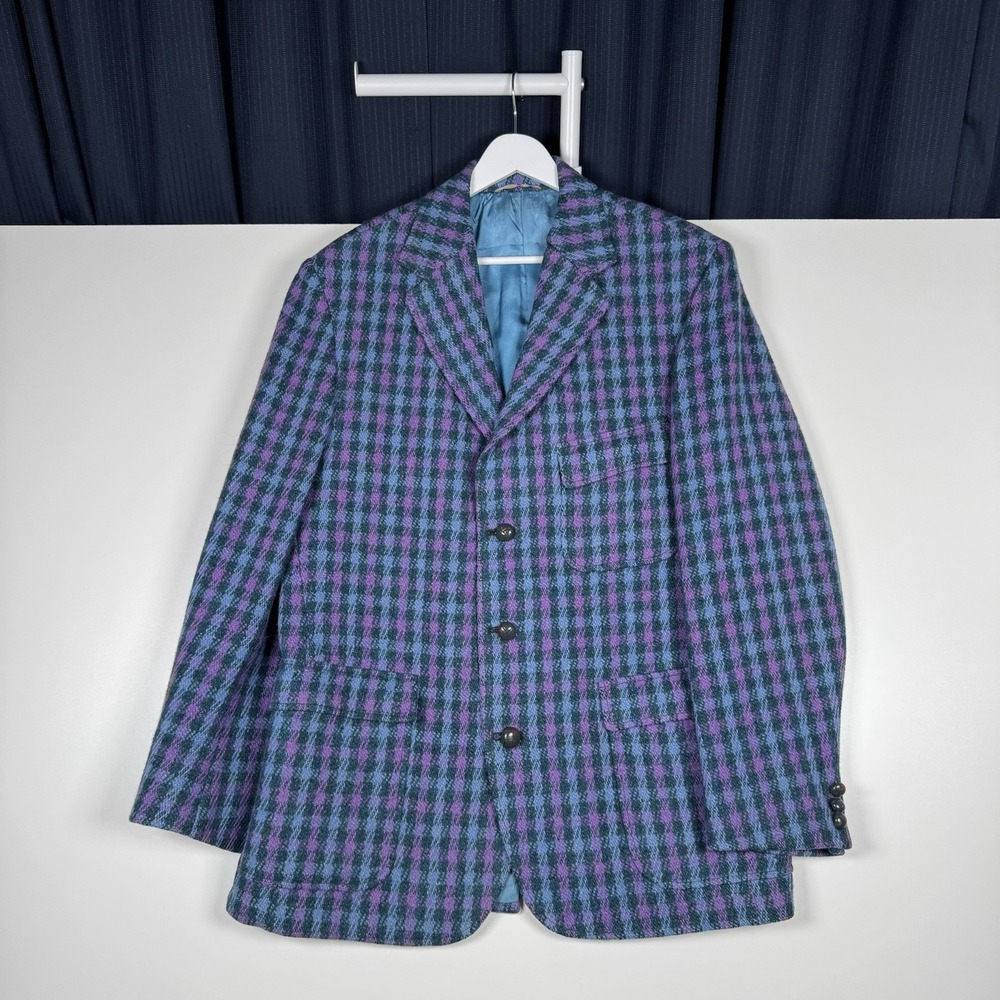 Vintage 80s ALEXANDRE Harris Tweed Wool Blazer Plaid Blue Purple - Fitted Large